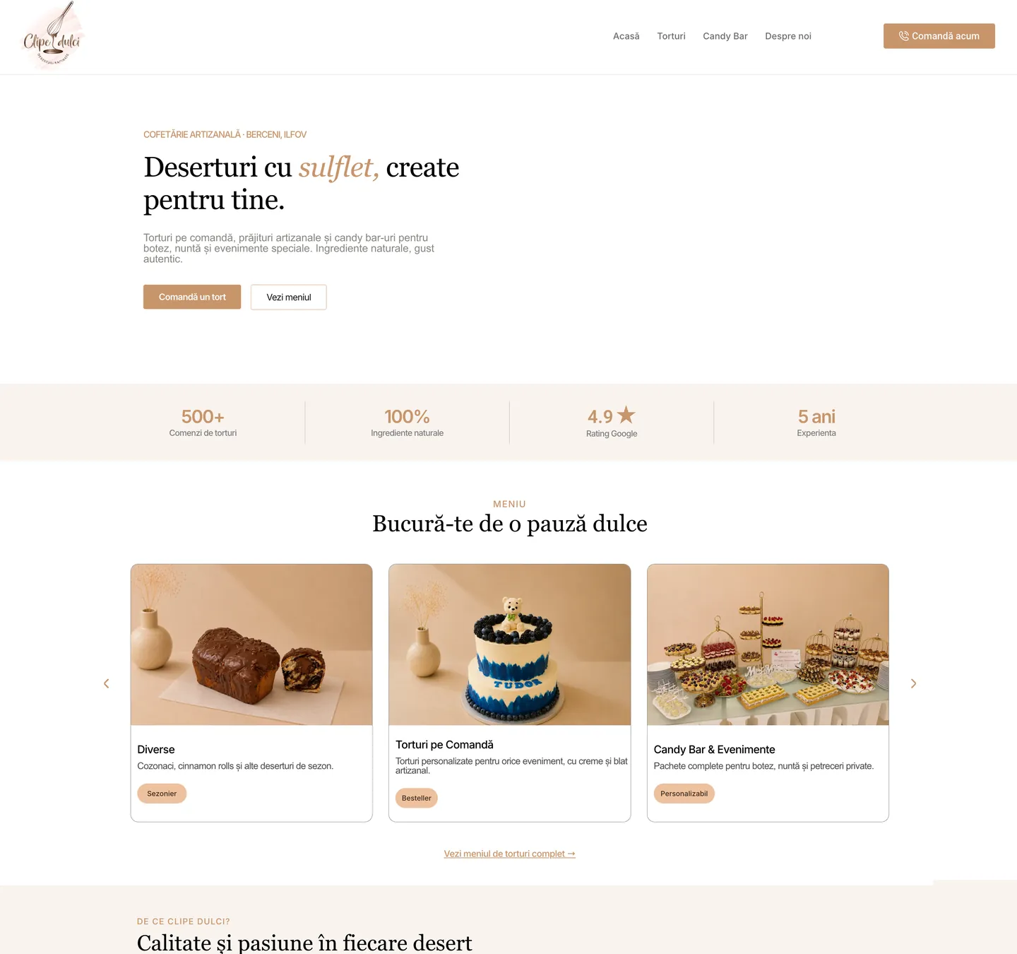 Site-ul cofetăriei Clipe Dulci pe calculator